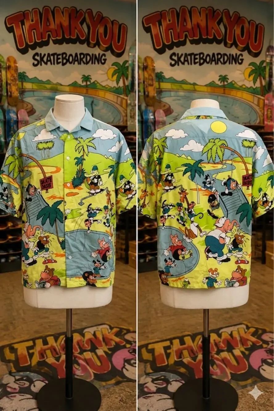 Thank You Skateboarding Skate Oasis Cartoon Button Up Shirt Medium